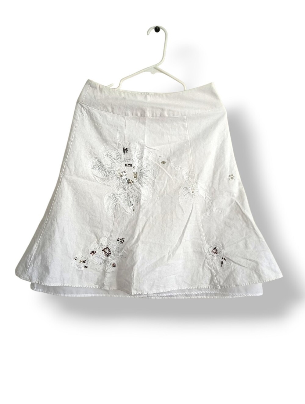 Versona White Embroidered Linen Flared Midi Skirt Sequins Femme Summer Floral 6